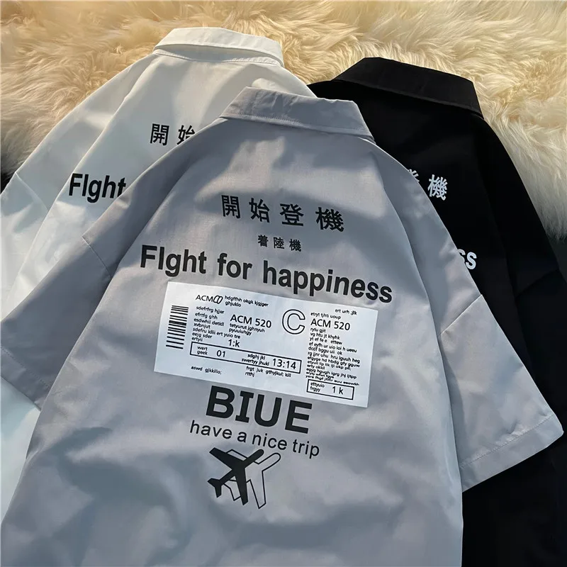

EBAIHUI Unisex Short Sleeve Shirts Men Summer Loose Casual BF Button Up Shirt Harajuku Vintage Character Print Women Blouses