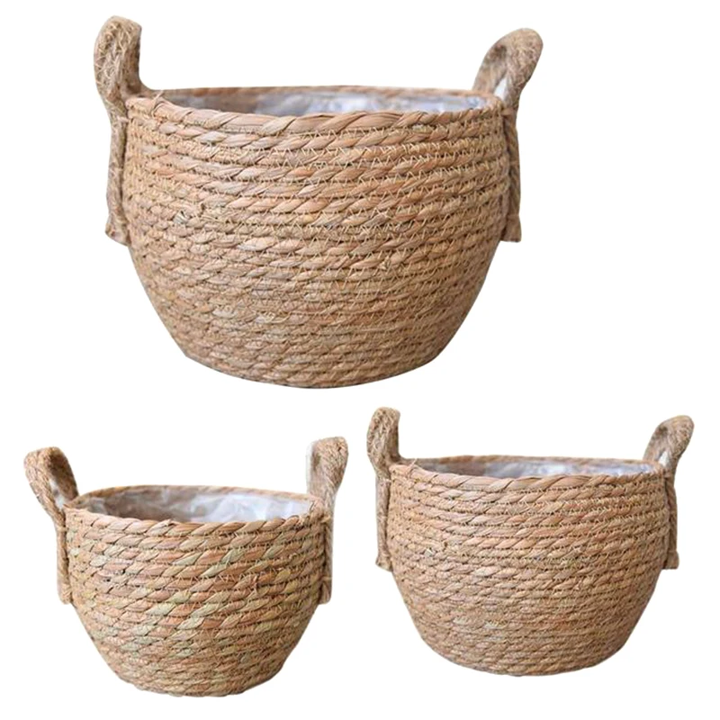 

3 Packs of Garden Decoration Flower Pots, Hand-Woven Flower Pots, Flower Pots, Woven Baskets, Grass Woven Baskets