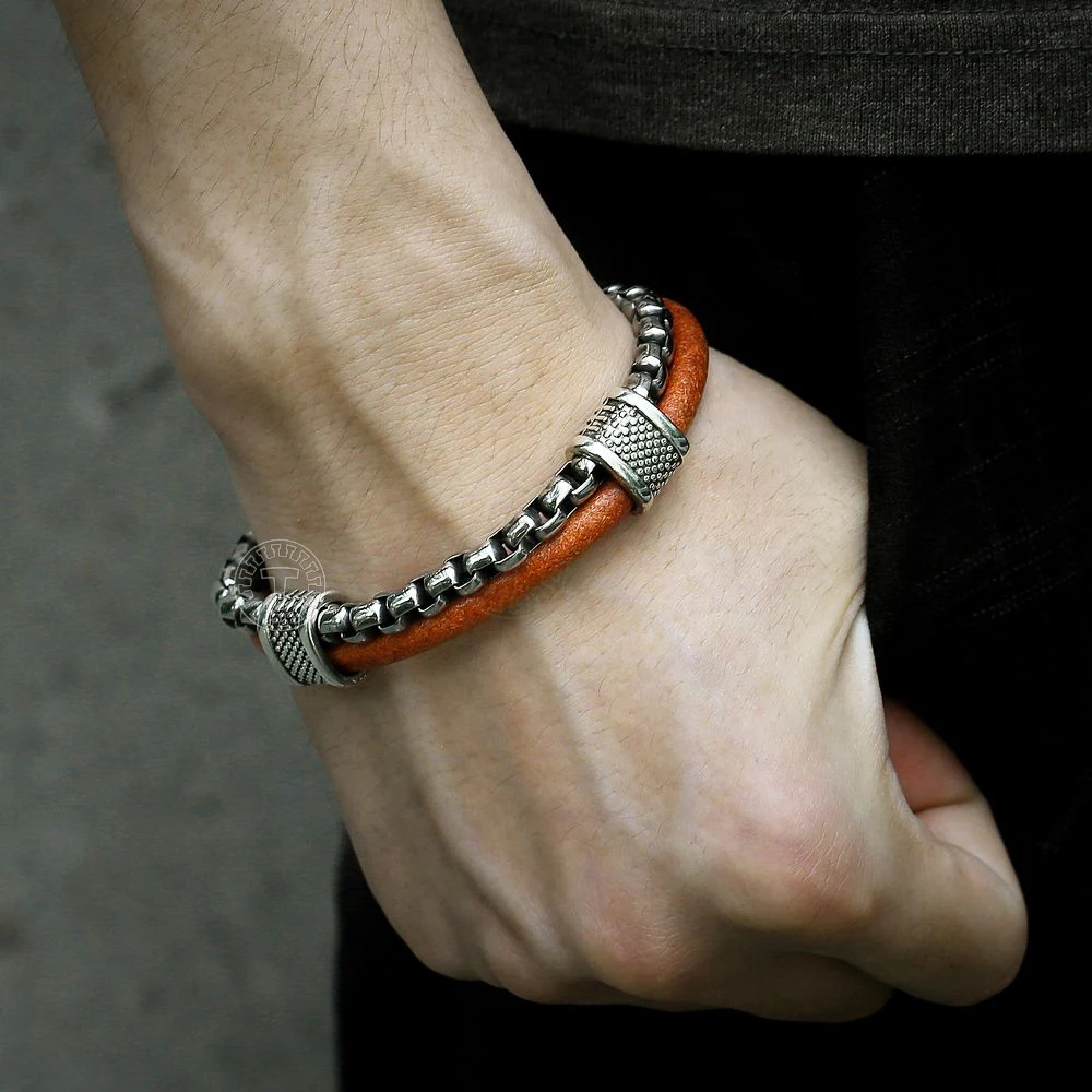 Trendsmax кожаный браслет для мужчин коробка из нержавеющей стали звенья цепи