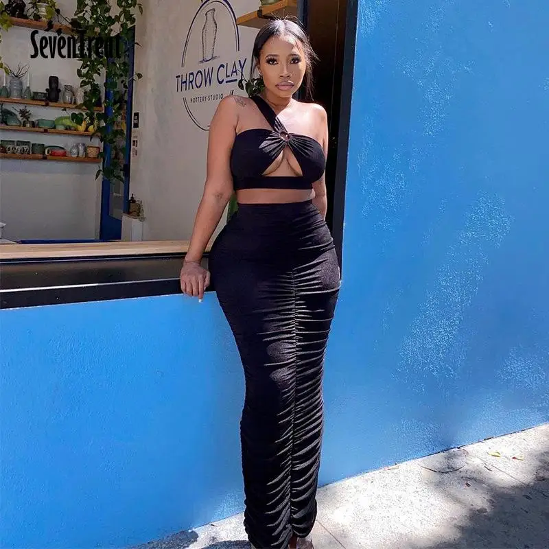 

Hollow Out Sheath Solid Two Pieces Set for Women Sleeveless One Shoulder Top Female Clothes Shirring Ankle Length Skirts