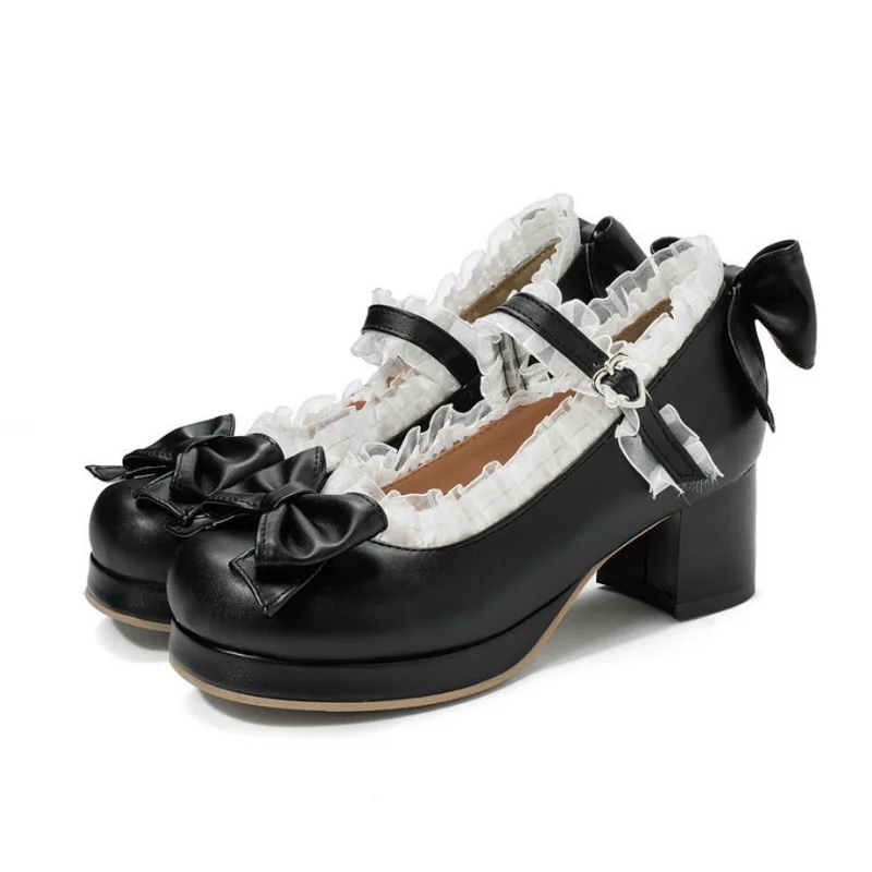 

Lolita Shoes Female Japanese Retro Soft Girl High Heels Waterproof Platform Lace Bow Decoration College Students Cosplay Costume