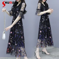 woman embroidery v neck long dress 2021 summer new fashion elegance floral ruffle sleeve mid calf dress office ladies vestidos
