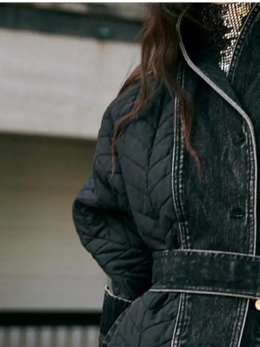

2020 Autumn / Winter Solid Lace-up Denim Stitching Thin Cotton Coat with Belt