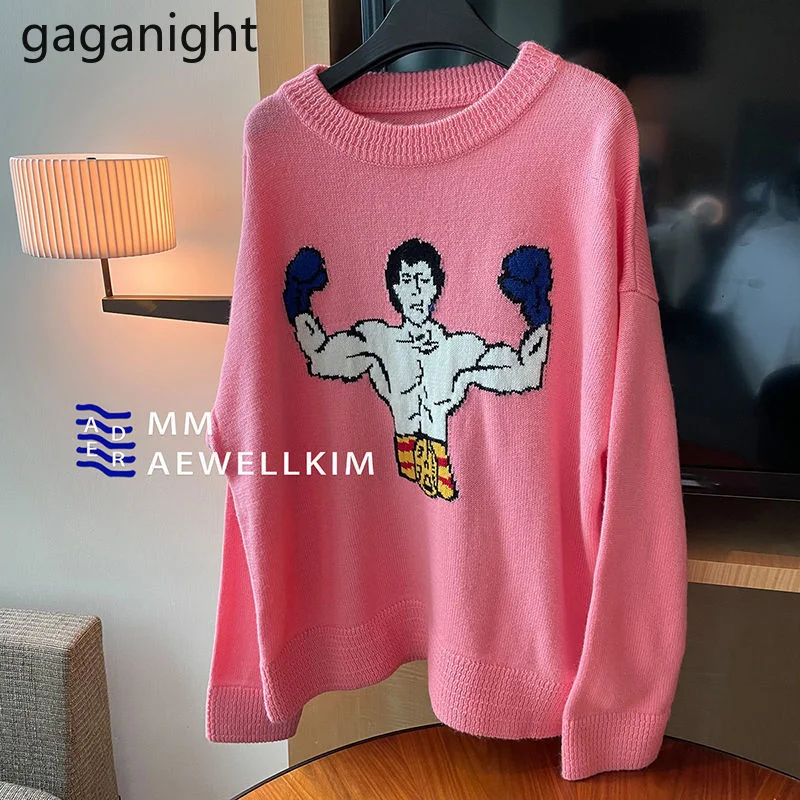 

Женский свитер Gaganight, новинка осень-зима 2021, пуловер с милым мультяшным принтом, свободный тонкий розовый вязаный Топ с круглым вырезом и дли...