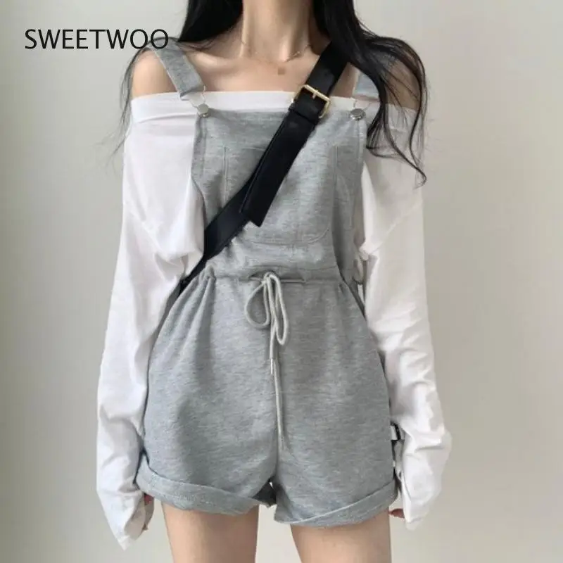 

Two Pieces for Women Off Shoulder Long Sleeve T-shirts + Lace Up Waist Korean Sets 2021 New