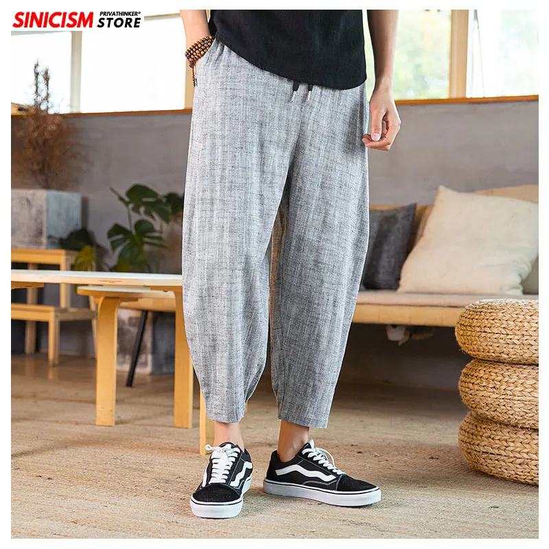 

MrGoldenBowl Store Male Gray Cotton Linen Pants Men Ankle-Length Loose Harem Pants Mens 2020 Vintage Casual Trousers Clothing
