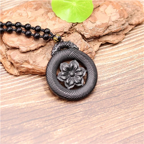 Натуральный черный зеленый китайский нефрит двусторонний резной цветок кулон