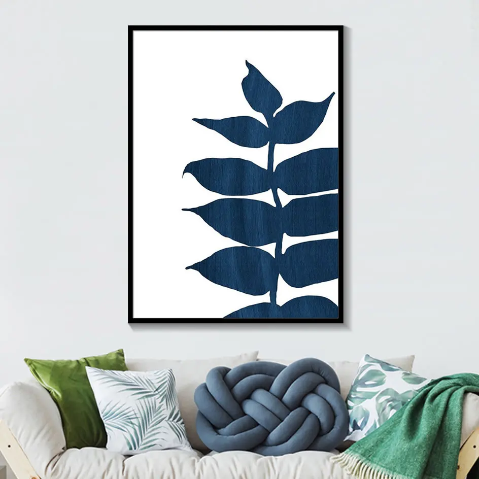 Черно белые темно синие листья пальмы современный минималистичный