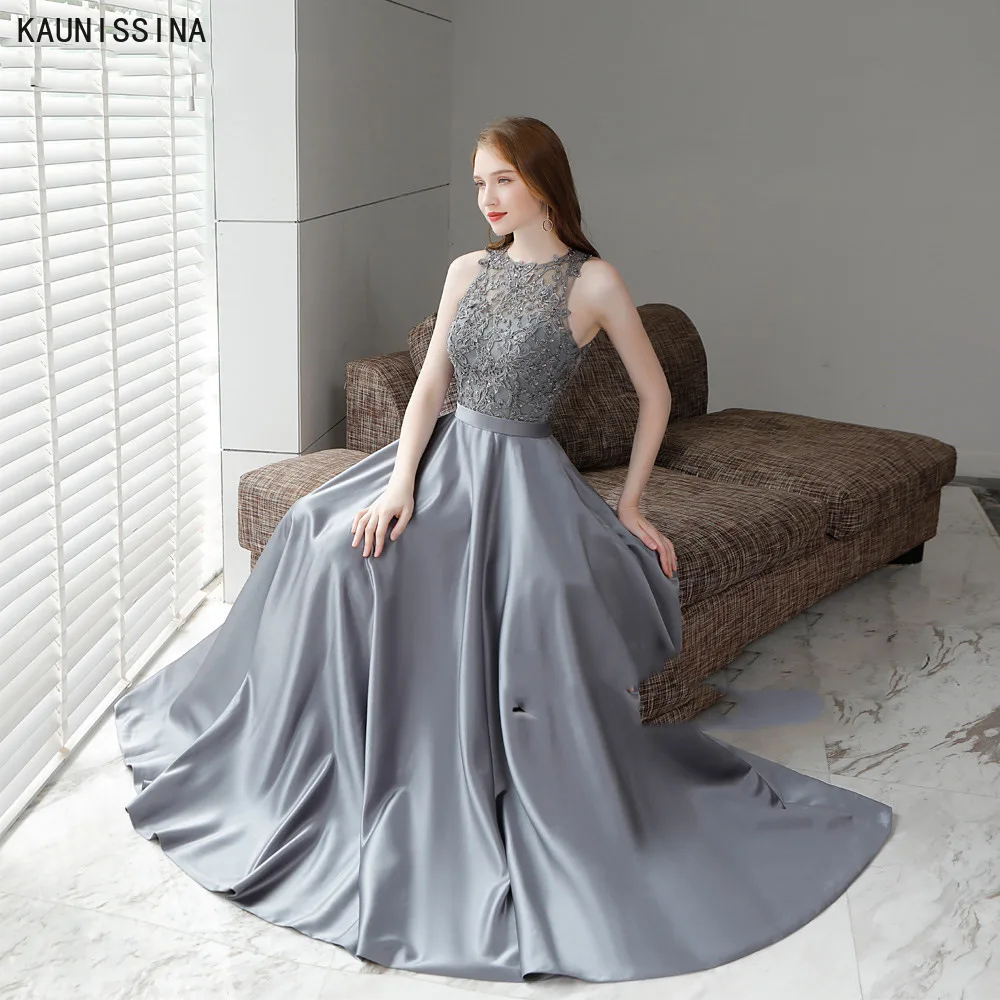 

Линия длинное вечернее платье с круглым вырезом, с отделкой бисером, без рукавов, в пол, Длина атласные вечерние платье элегантный Праздничное платье Новые платья для выпускного бала