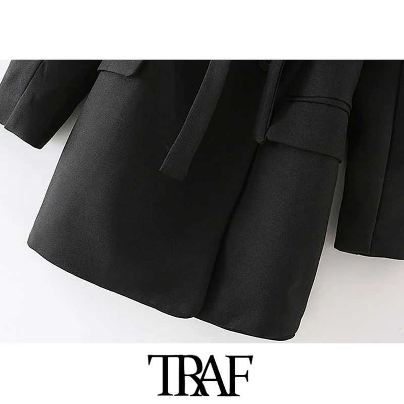 

TRAF Women Fashion With Belt Double Breasted Blazer Coat Vintage Long Sleeve Pockets Female Outerwear Chic Veste Mujer