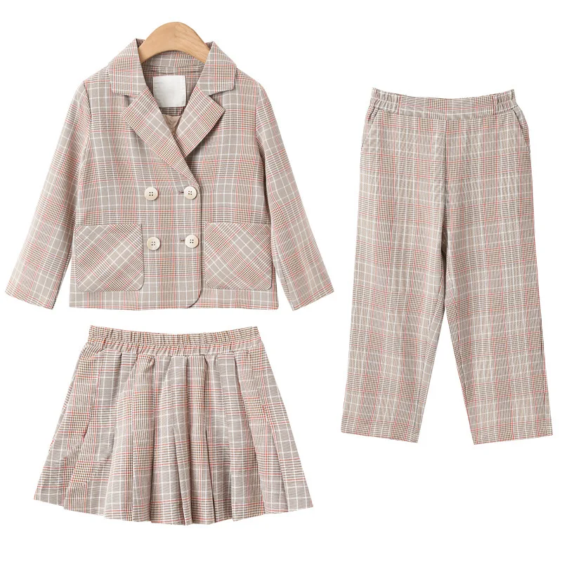 

Girls Plaid Suits Kids Clothing 4 5 6 7 8 9 4 10 11 12 13 14 Years Double Breasted Blazers and Pants Skirt Children Clothes Sets