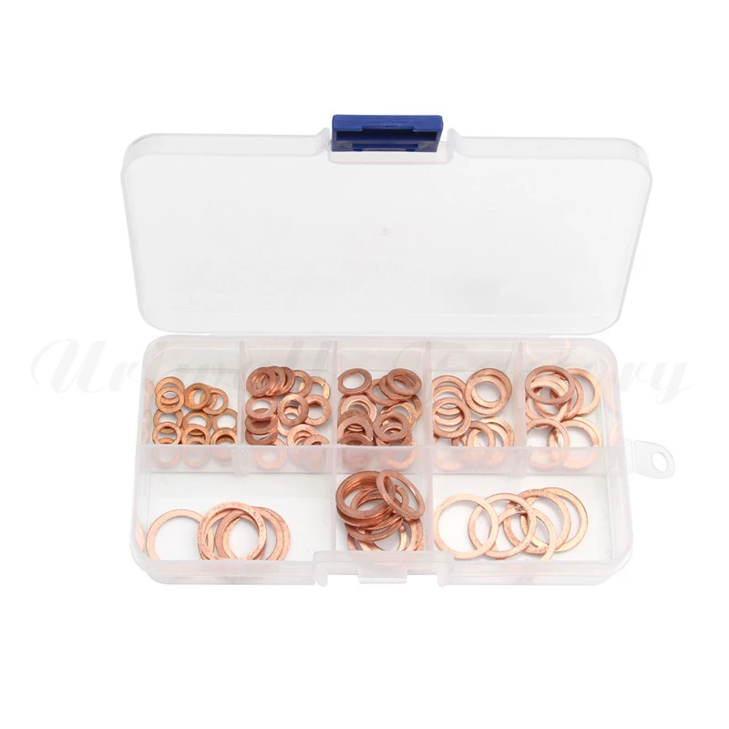 

100pcs M4-M14 Assorted Copper Washer Gasket Set Flat Ring Seal Assortment Kit with Box For Hardware Accessories
