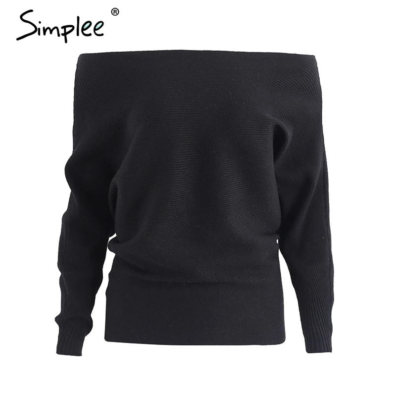 Simplee Off shoulder sexy elastic knitting pullover female Bat long sleeve knitted sweater women Fashion jumper pull knit shirt | Женская