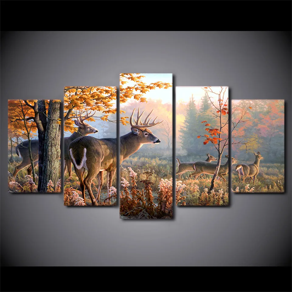 

Modern Wall HD Printed Canvas Painting Art Modular Poster Frame 5 Panel Forest Deer Landscape Home Decor Living Room Pictures