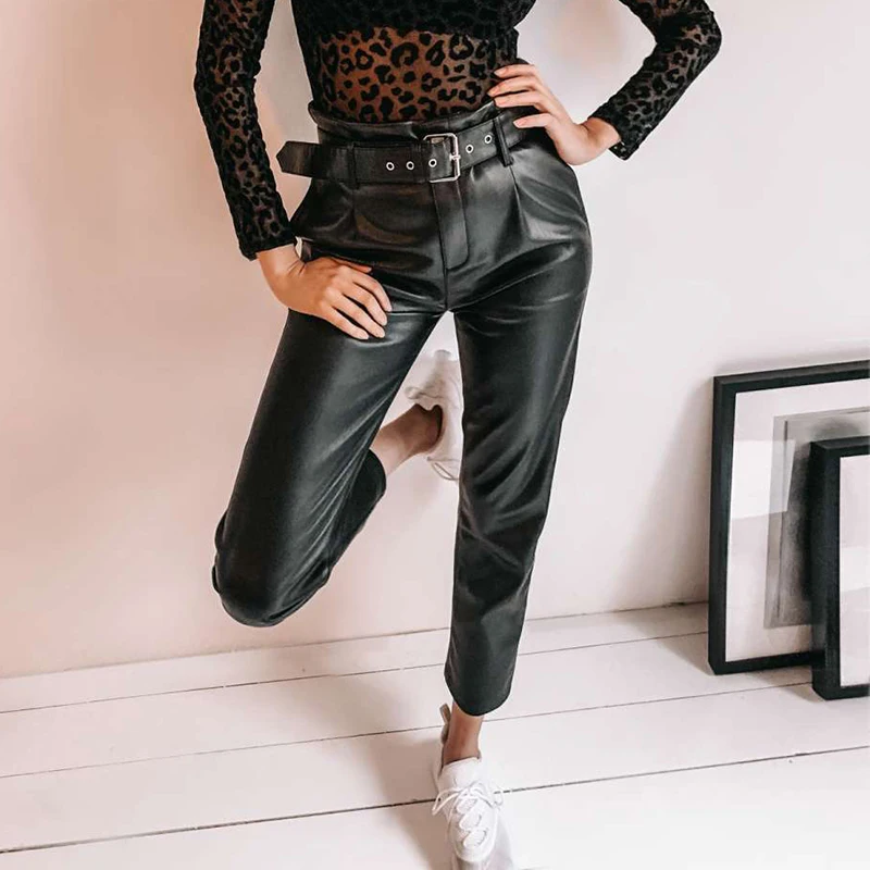 

Gothic New Y2K Dark Women's Leather Pants Street Casual CHIC Black High Waist Zipper Tooling Cropped Pants Fashion Alt Clothes
