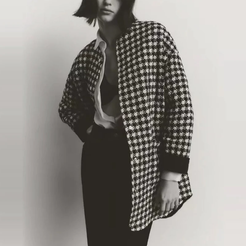 

WXWT Za Women Plaid Textured Jacket Long Sleeve Pockets Parkas Coats Female Winter Fashion Long Outerwear Tops Veste Femme