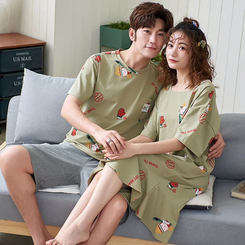 Summer Short-sleeved 100% Cotton Pyjama Set Men Style Couple Pijama Set Sleepwear Top+ Pants Lovers Pajamas Sets Women Nightwear