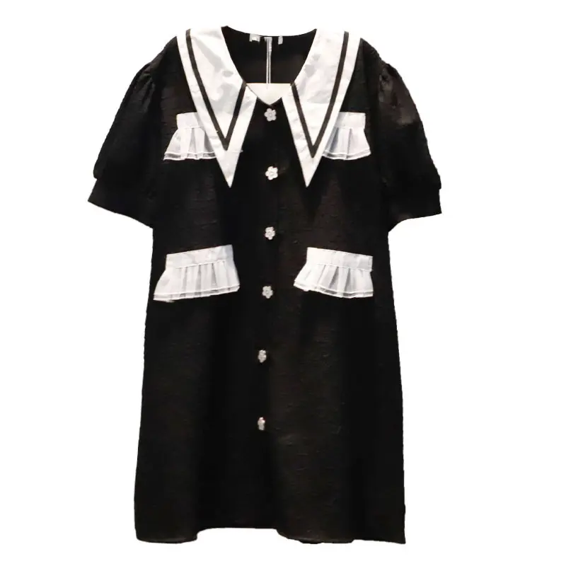 

XITAO Summer New French Style Dress Personality Fashion Loose Patchwork Puff Sleeve Single Breasted Women Dress WMD1784