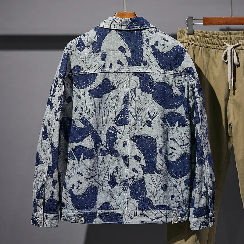 Мужская джинсовая куртка с принтом панды Повседневная Свободная длинными