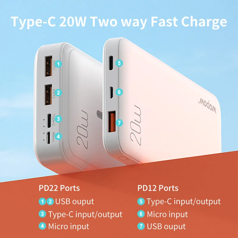 wopow power bank 20000mah qc3 0 pd 20w fast charging poverbank portable external battery charger powerbank 20000 mah for xiaomi free global shipping