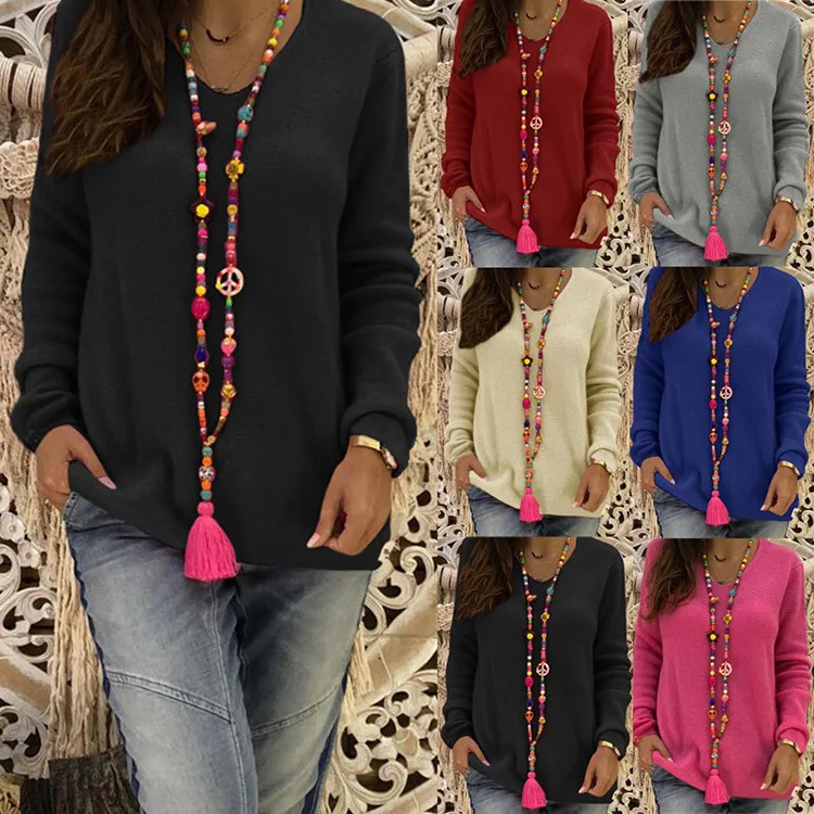 

Весенние женские Топы с длинным рукавом, футболки большого размера, однотонные женские свободные футболки с V-образным вырезом в винтажном ...