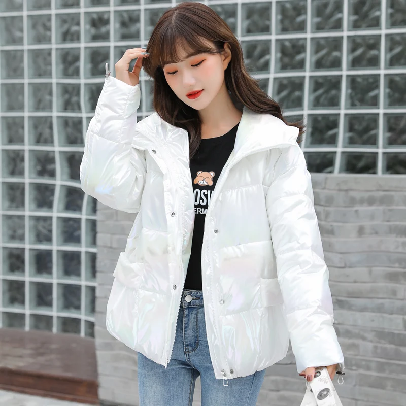 

Lucyever 2020 New Laser Cotton Padded Jackets Women High Stand Collar Glossy Parka Womens Winter Keep Warm Casual Thicken Coat