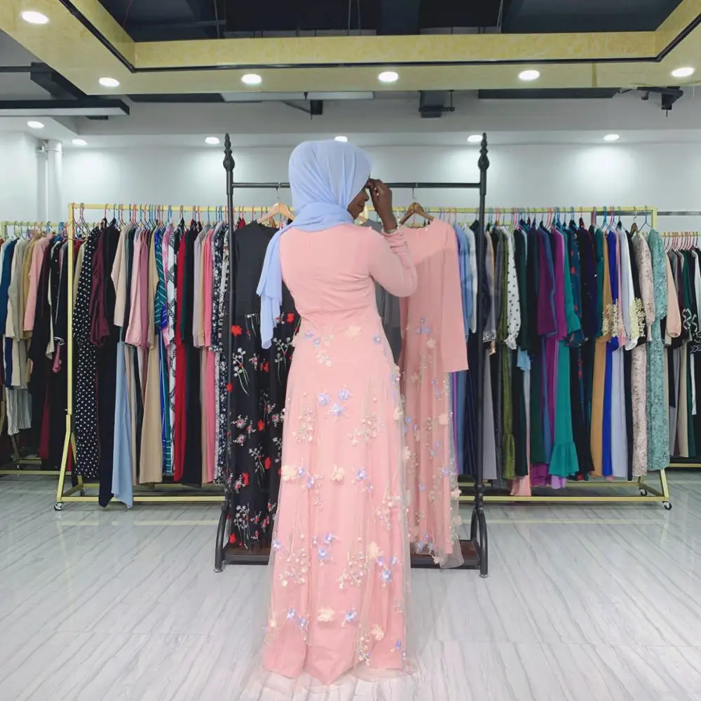 

Women 3D Flower Maxi Dresses Sweet Long Sleeves Mesh Muslim Turkey American Islamic Malay Indonesia Modesty Party Evening Gown