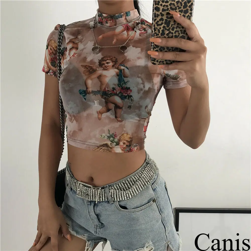 Новая мода сетчатые прозрачные укороченный топ с коротким рукавом высоким