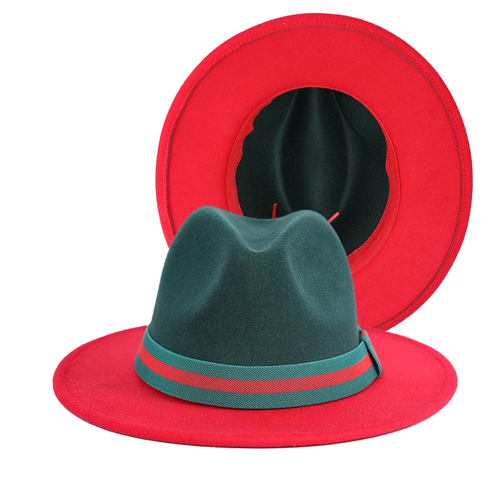 

New Fashion Dark Green and Red Patchwork Wool Felt Fedora Hat Women Elegant Lady Wide Brim Jazz Hat Luxury Hats for Women 2021