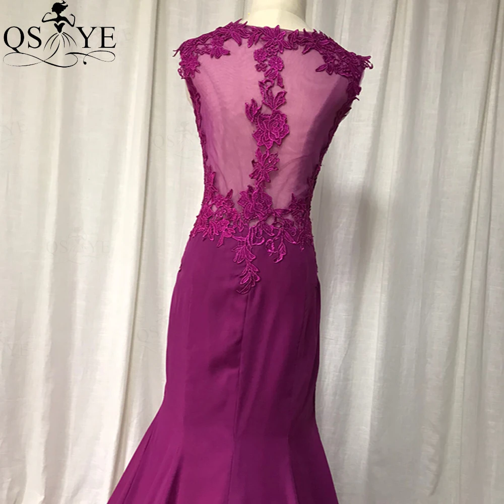 

QSYYE Purple Prom Dresses Mermaid Long Evening Dress Lace Appliques Long Tail Formal Party Gown Illusion Back