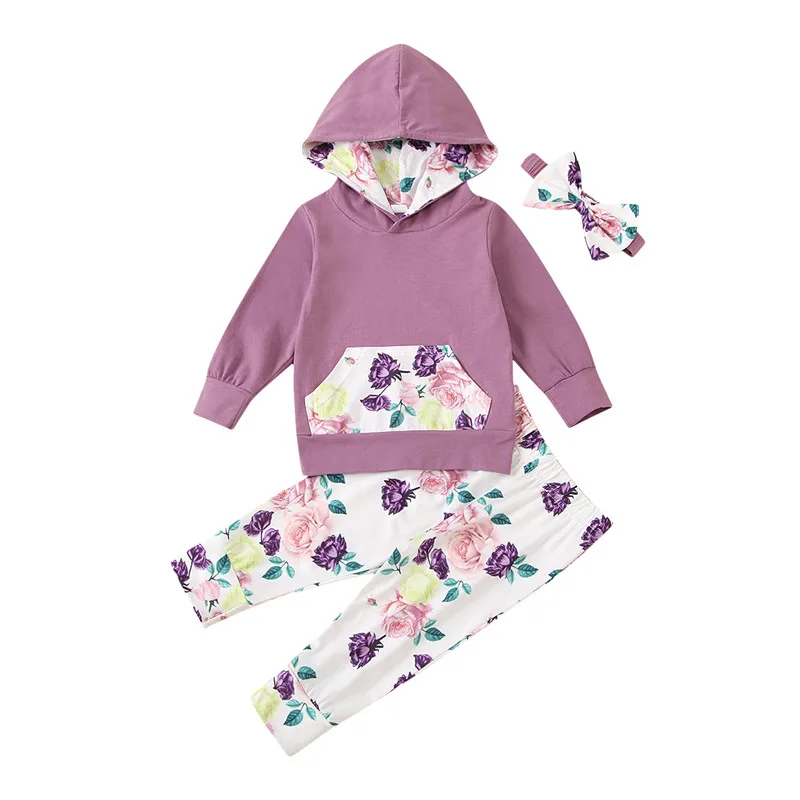 

Комплект одежды для новорожденных девочек 0-24 месяцев, свитшот с длинным рукавом и капюшоном, брюки с цветочным принтом, элегантный костюм н...