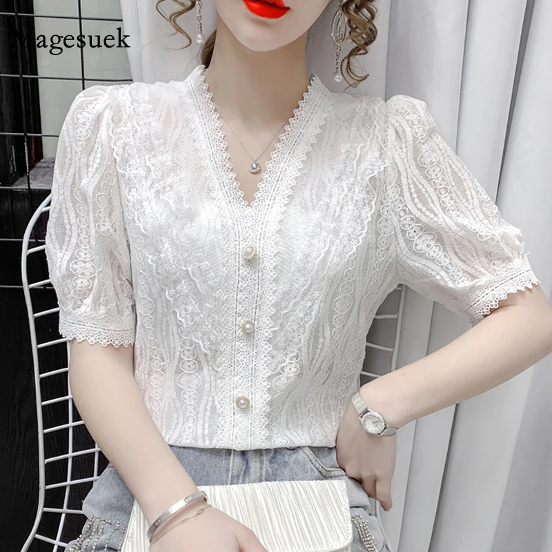 

2021 Summer V Neck Lace Blouse New Short Sleeve Elegant Women Tops Solid Lace Crochet Ruffle Patchwork Slim Women Shirts 14190