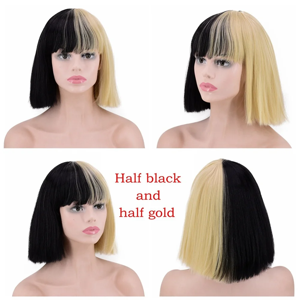 

Lady Gaga Wig Black Blonde White Synthetic Hair Cosplay Wig Halloween Short Bob Kinky Straight Full Bangs Hairpieces Blonde
