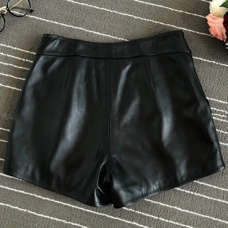 2021 Autumn Winter New Straight Genuine Leather Shorts Women Casual All Match Slim Fit Wide Leg High Waist Sheepskin Mini Shorts