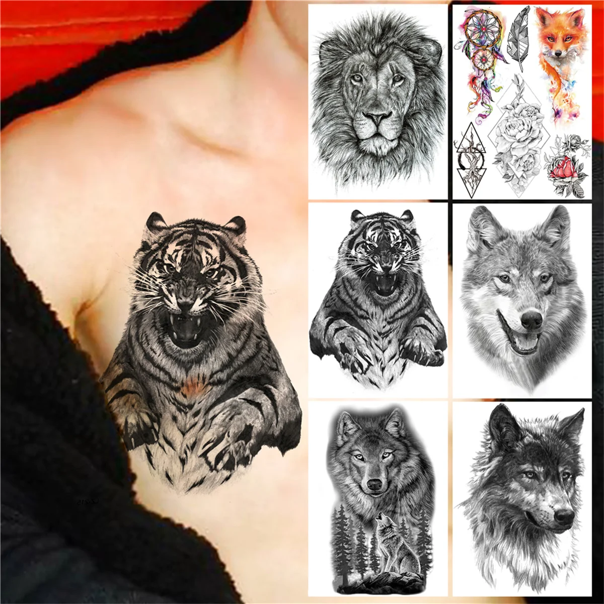 

Ferocious Demon Tiger Temporary Tattoos For Men Women Adult Fake Lion Wolf Tattoo Sticker Black Animals Coyote Fox Tatoos Paper