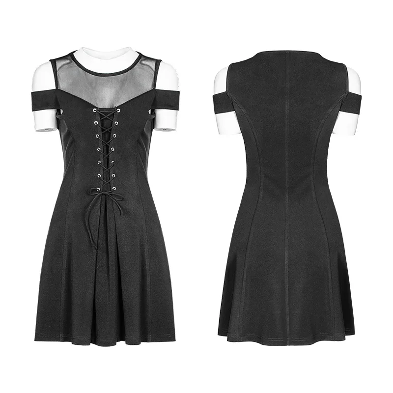 Женское черное трикотажное платье в стиле панк с коротким рукавом Сетчатое без