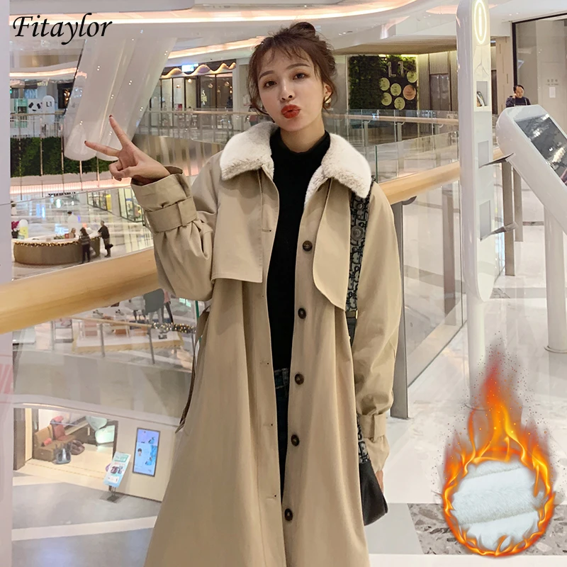 Fitaylor Spring Black Trench Coat Women Warm Long Lamb Wool Lining Jacket Khaki Thickening Windproof Street Wear Female Outwear | Женская