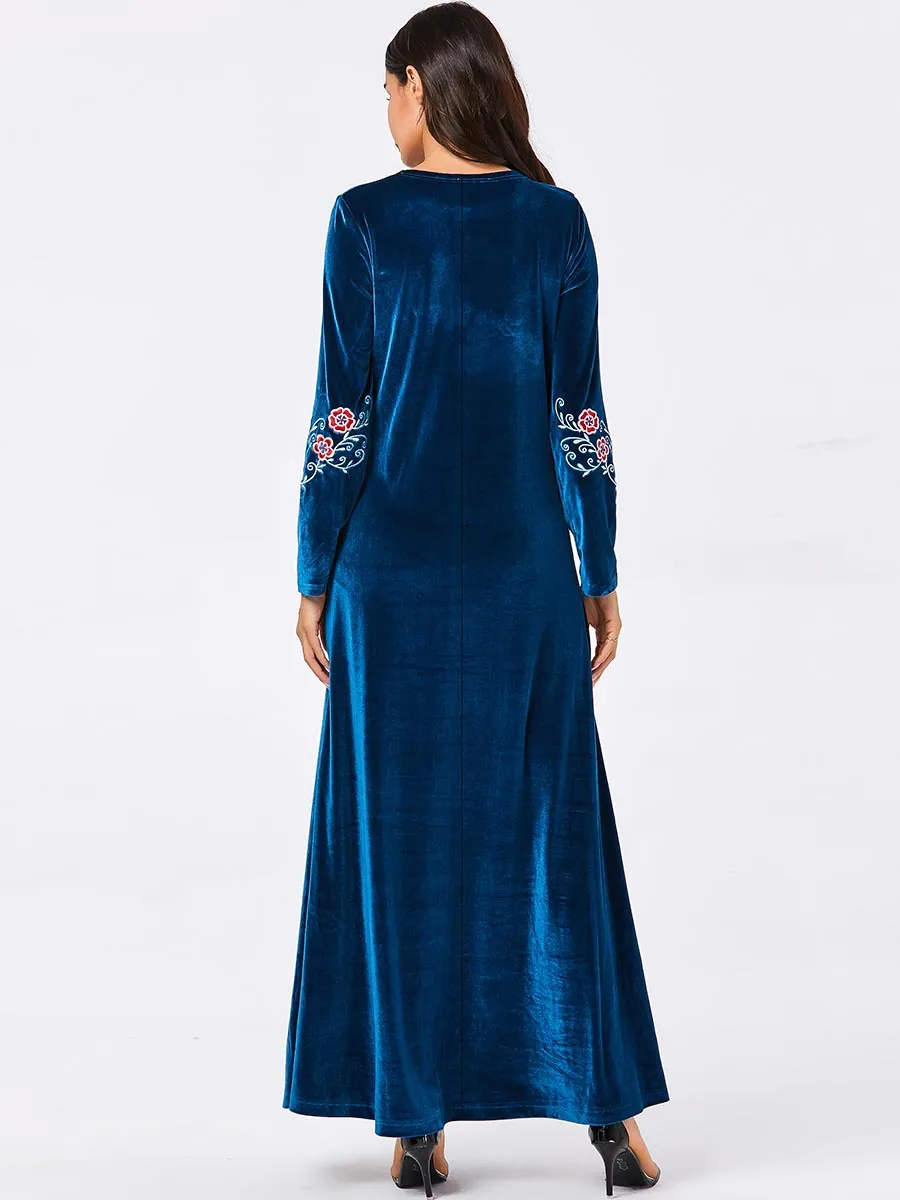 Женское бархатное платье трапеция с цветочной вышивкой|Мусульманская одежда| |