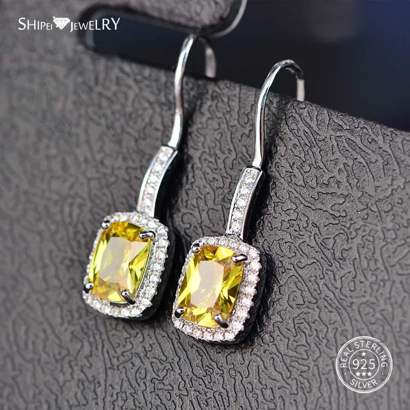 Yellow Sapphire Shipei 925 пробы Серебряные Ювелирные Украшения Розовый Желтый Сапфир Изумруд Рубин квадратные Висячие серьги для женщин подарок на день рождения - Цвет камня: Yellow Sapphire