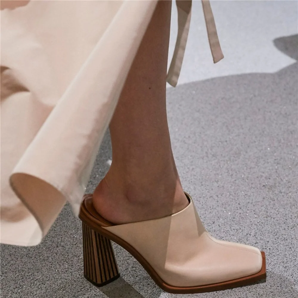 

Hot Sale Womens Square Toe Retro Real Leather Slipper Strange High Heel Shoes Sandals Vintage Match Colors Plus Size 5Colors New