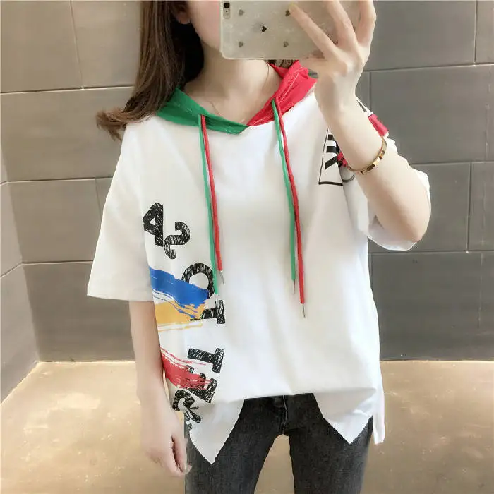 

New Large Size Women Summer graffiti Hooded T-shirt Half Sleeve loose Comfortable T-shirt Fashion Color matching Short Sleeves