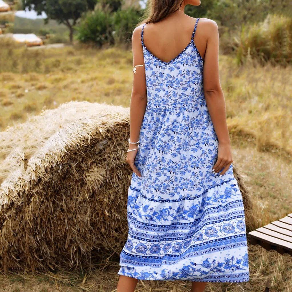 Богемное пляжное платье Сезон весна лето женское с v образным вырезом и цветочным