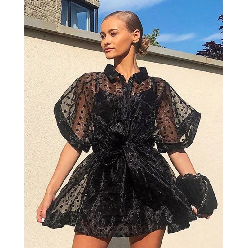 Пикантные женские прозрачные Половина рукава платье трапециевидной формы