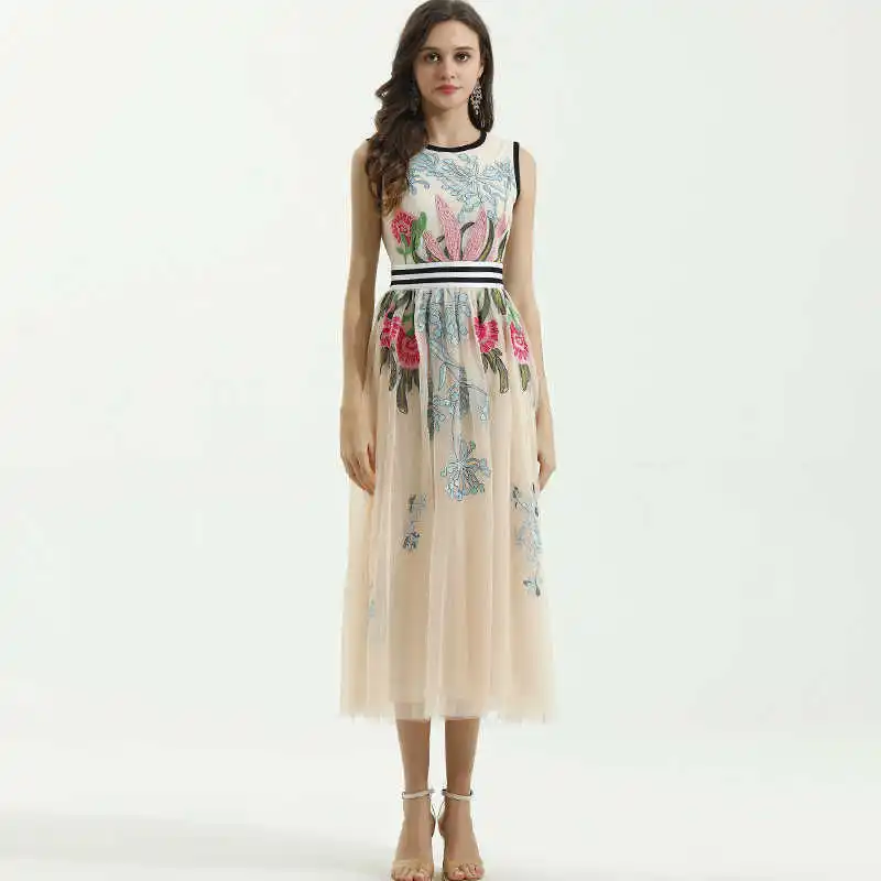 

Женское платье с цветочной вышивкой, элегантное вечернее длинное Сетчатое платье с круглым вырезом, весна-лето 2021