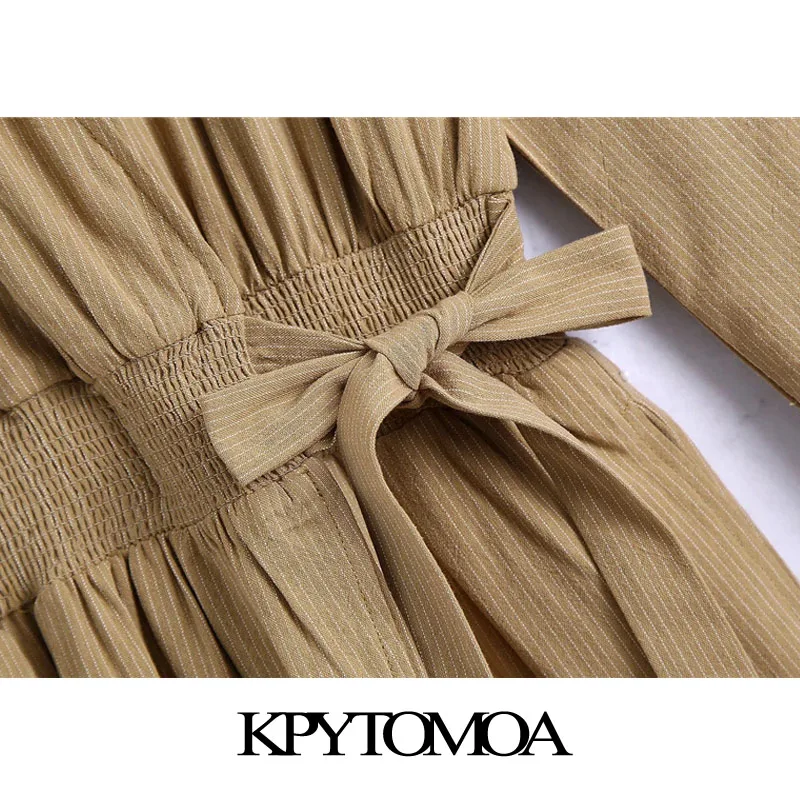 

KPYTOMOA Women 2021 Fashion With Belt Side Pockets Striped Jumpsuits Vintage Long Sleeve Elastic Waist Female Playsuits Mujer