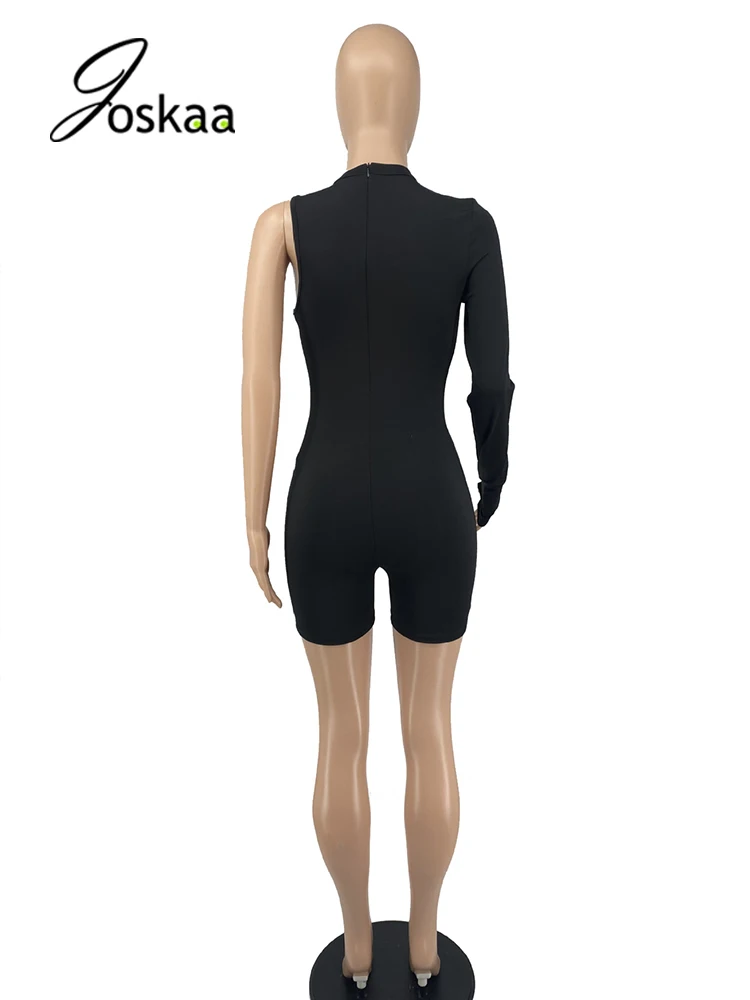 

Joskaa Solid One Shoulder Full Sleeve Stretch Bodycon Playsuits Summer Women Casual Sport Rompers Fashion Streetwear Outfit 2021