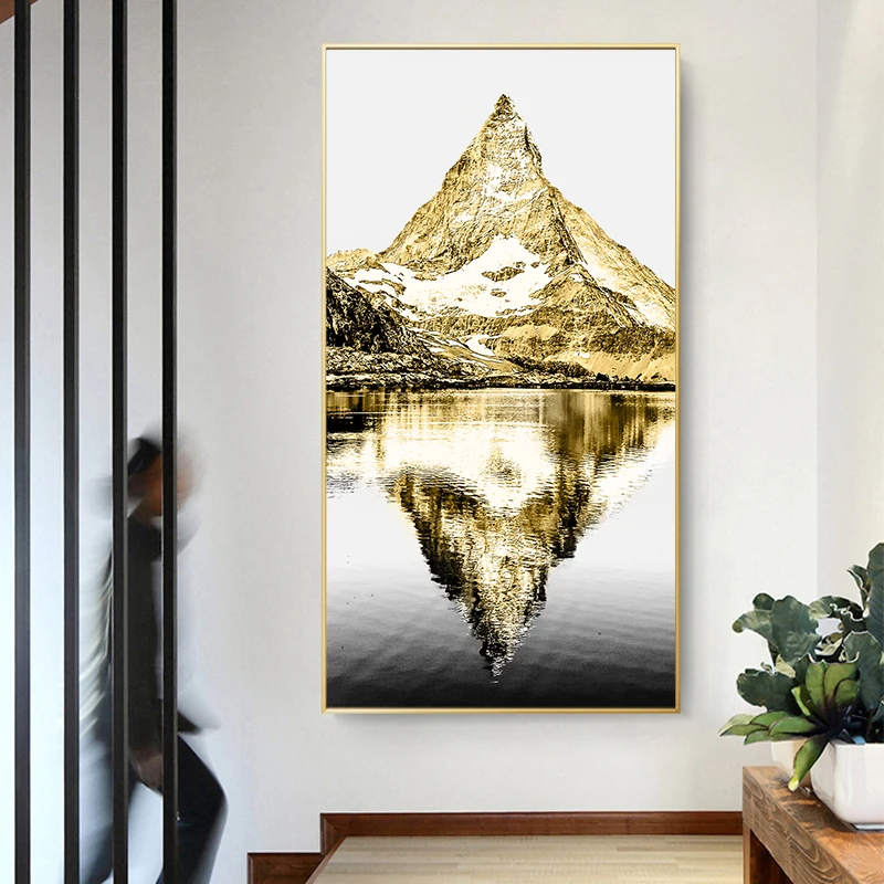 Современные абстрактные золотые горы отражение в воде холст картины плакаты и