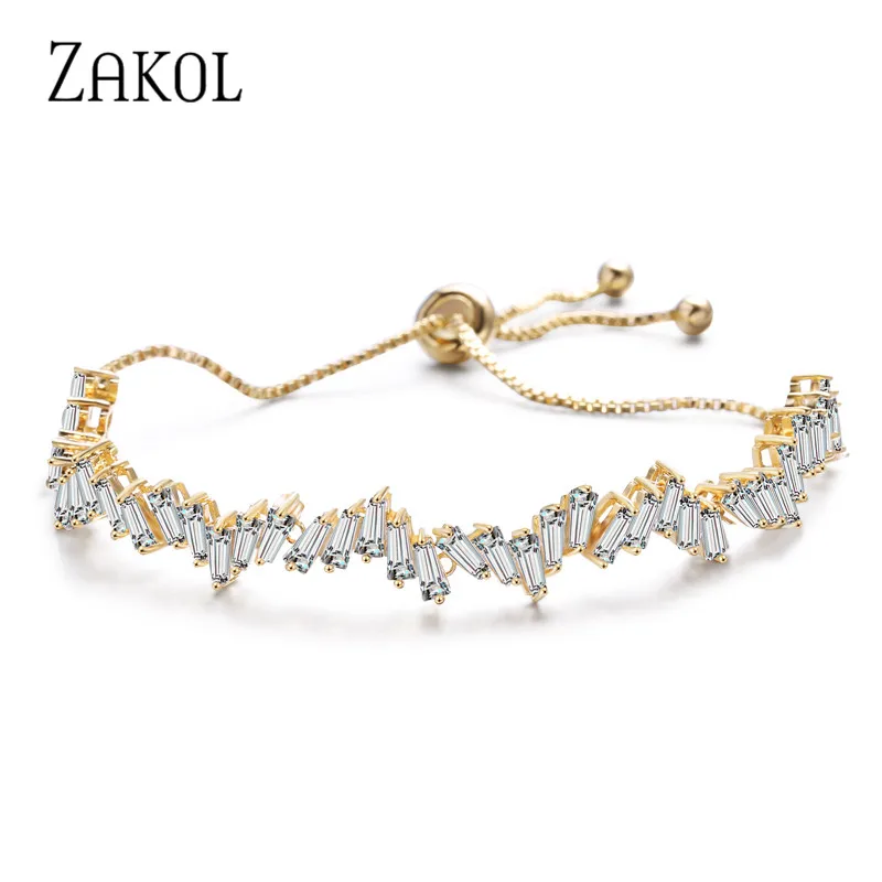 ZAKOL Модный Блестящий AAA кубический циркон багет Регулируемая цепочка браслет и