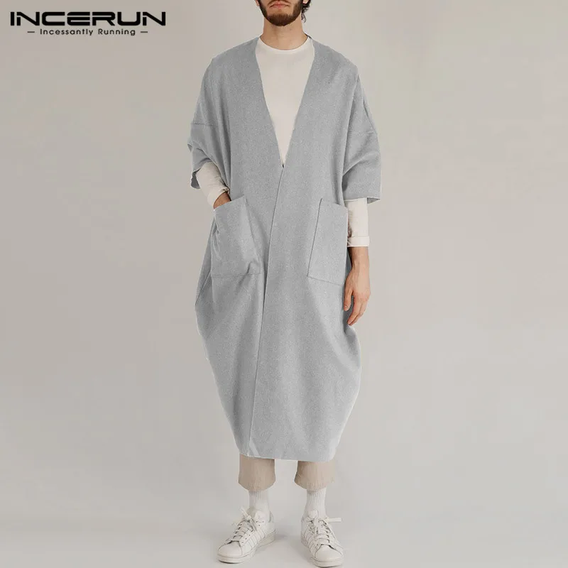 INCERUN/мужские тренчи, повседневные куртки с карманами, 3/4 рукавами, из искусственного флиса, мужская верхняя одежда, модный однотонный удлиненный кардиган