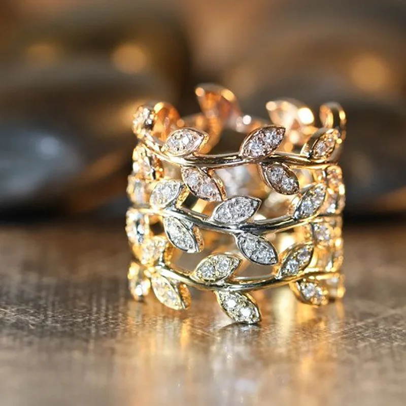

New Fashion Women Tricolor Wind Vine Branch Ring Creative Lady Tree Leaf Zircon Jewelry Ladies Engagement Prom Ring Jewelry
